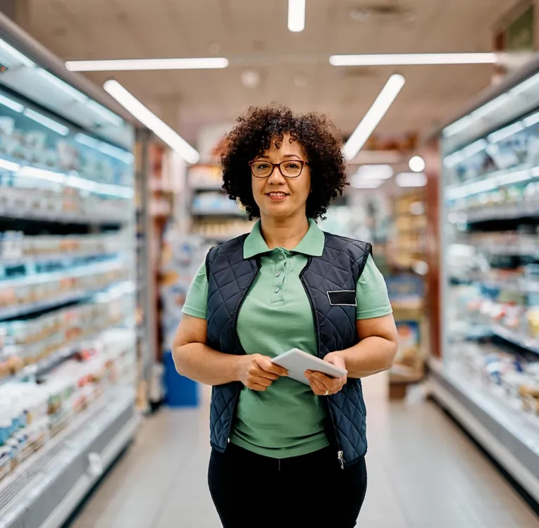 Supermarket employee in green polo using digital tablet in dairy aisle, showcasing inventory checks, task tracking, and modern workforce tools.