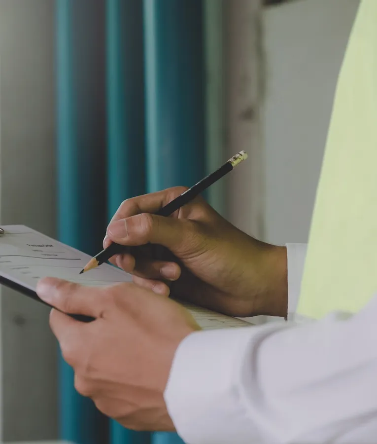 A worker in a high-visibility vest writing on a clipboard while conducting an inspection.