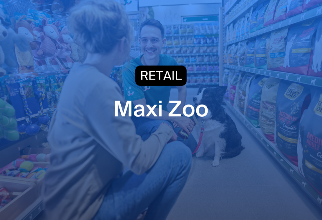 Maxi Zoo store employees supporting customers and stocking shelves, scheduled for coverage across retail hours and tracked via punch clock.