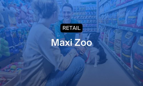 Maxi Zoo store employees supporting customers and stocking shelves, scheduled for coverage across retail hours and tracked via punch clock.